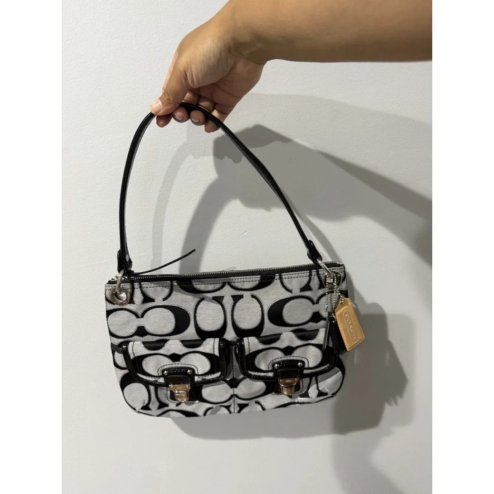 Coach Black & Gray Poppy Signature Sateen Shoulder Bag 18980 Purse F